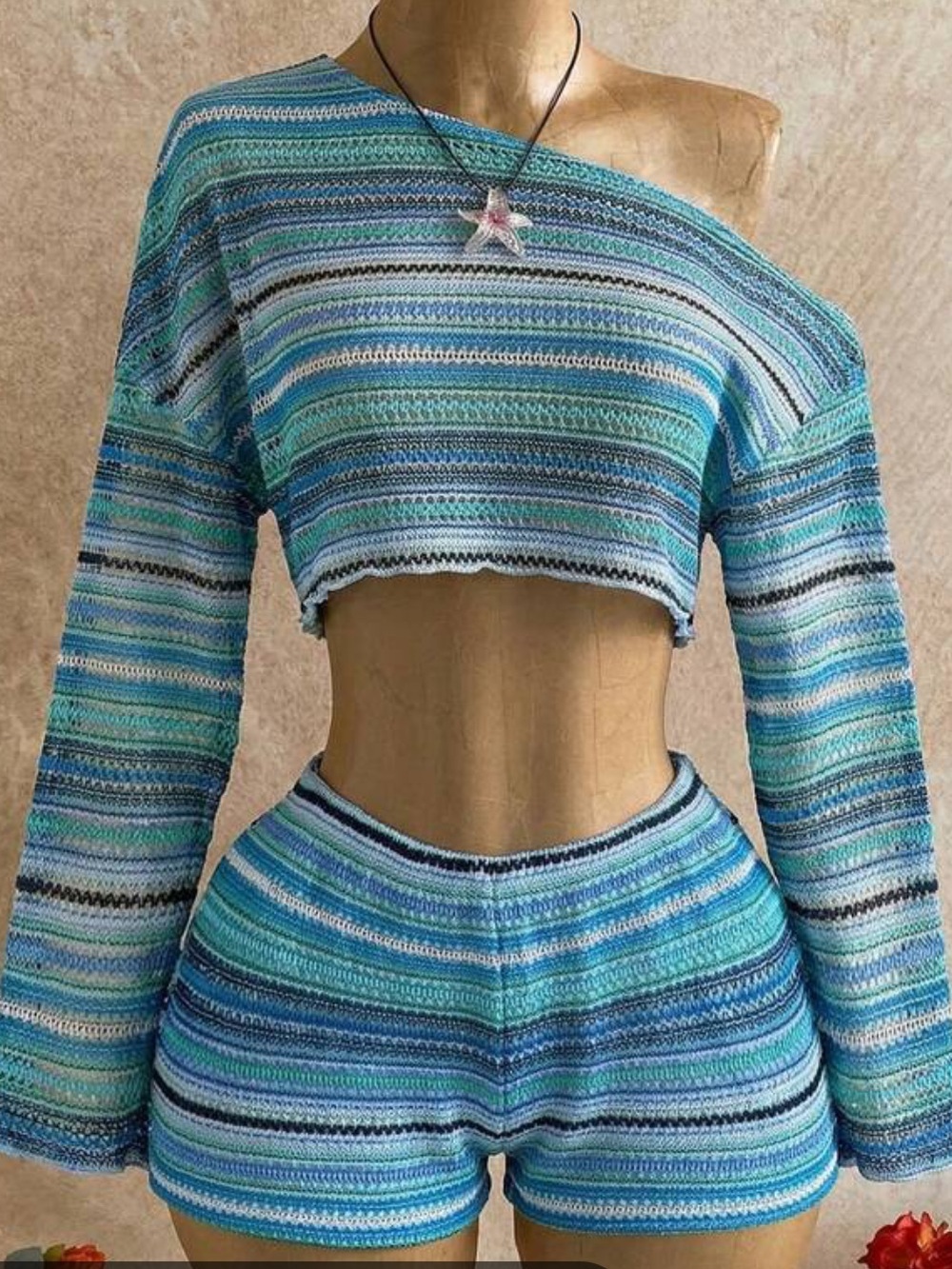 SHEIN Soleia Vacation Beach 2 Piece Crochet Set - Blue Stripe Off Shoulder Crop